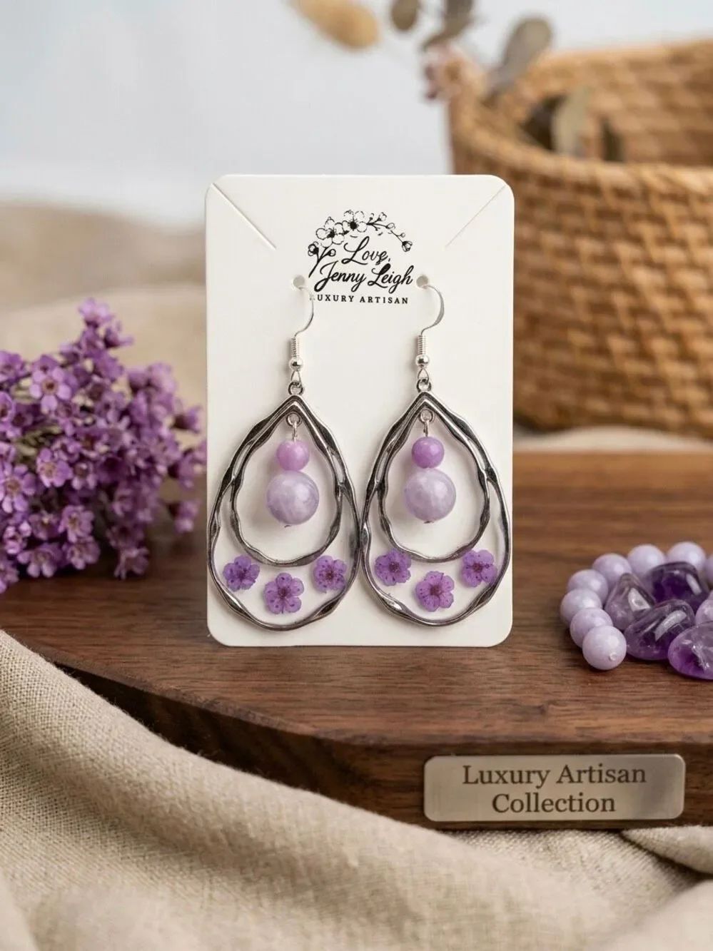 Handmade Pressed Flower & Purple Jade Teardrop Earrings | Boho Floral Jewelry